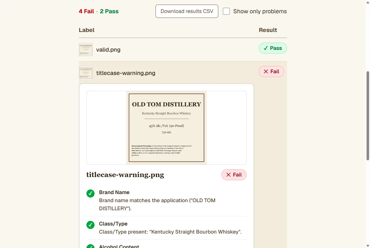 Batch results with an expanded failure: label image beside the per-check verdict