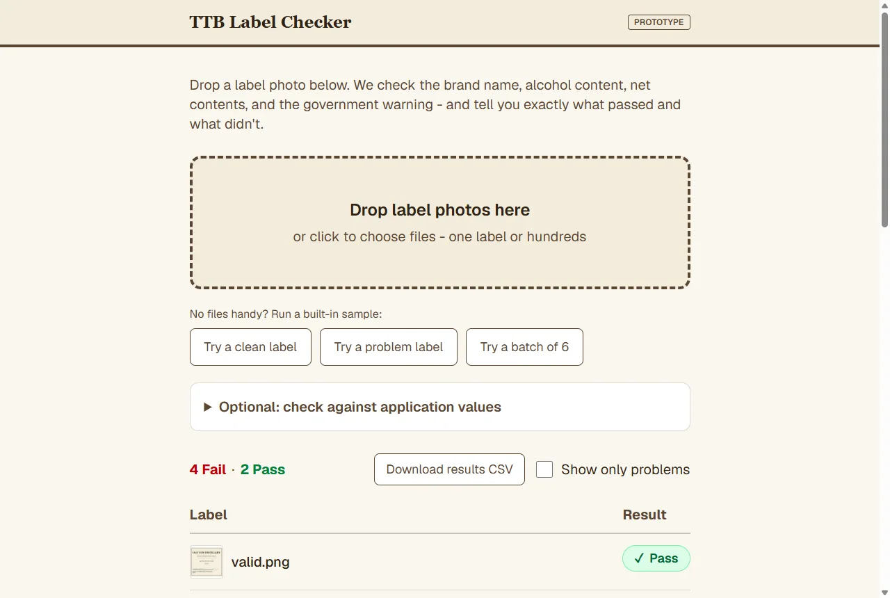 TTB Label Checker: drop zone, built-in sample buttons, and streaming batch results